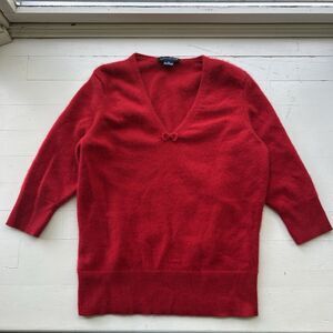 Ann Taylor Vintage Red 100% Cashmere Top 3/4 Sleeve V-Neck Bow Accent Size M